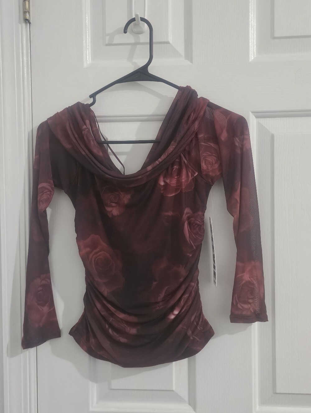 Juniors M Burgundy Rose Mesh Cowl Neck Ruched Top Y2K Whimsigoth NWT